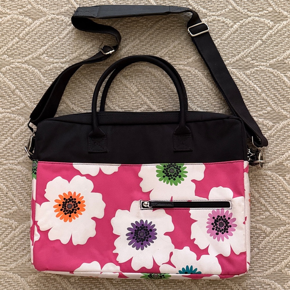 JACKIE Lap Top Case, Pink Floral, Crossbody, 54” strap, Padded Interior, Pockets